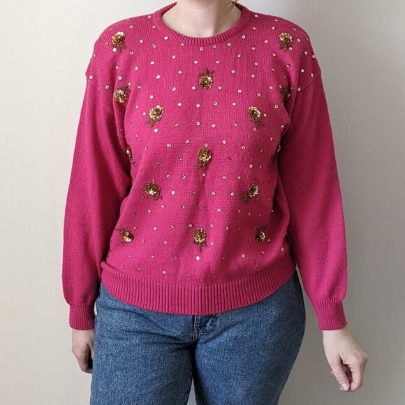 Vintage 80s 90s Pink Gold Sequins Sequined Floral Crewneck Funky Sweater 1980s L - Picture 2 of 11